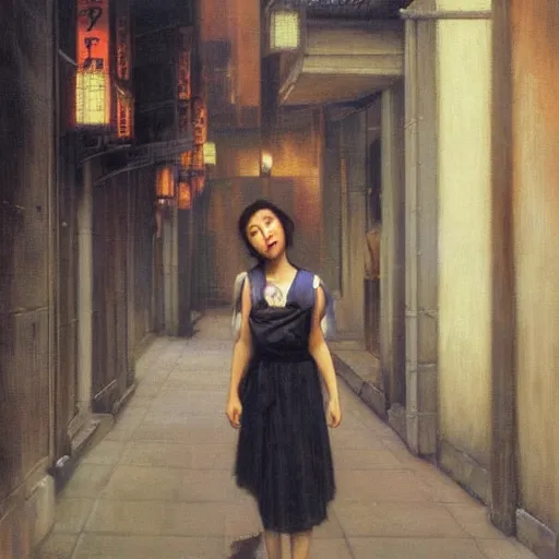 Prompt: painting of a young japanese girl in a dark, gloomy deserted city street highly detailed, dramatic lighting, intense shadows, rich deep colours, by luis ricardo falero