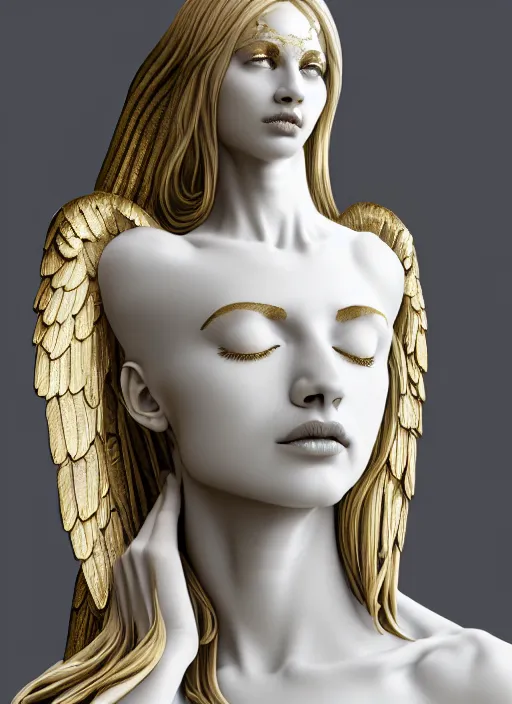 Image similar to a statue made of white marble with gold veins, of an beautiful gorgeous angel girl, full body shot, perfect symmetrical body, perfect symmetrical face, no eyes, hyper realistic, hyper detailed, fujicolor superia 1 6 0 0 photo, by johannen voss, by peter kemp, by monia merlo, by michelangelo octane render, blender, 8 k