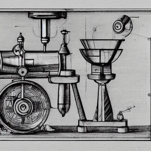 Image similar to various sketches of a mechanical coffee grinder in the style of leonardo da vinci, ultra detailed, scribbles, technical drawing, engineering blueprints