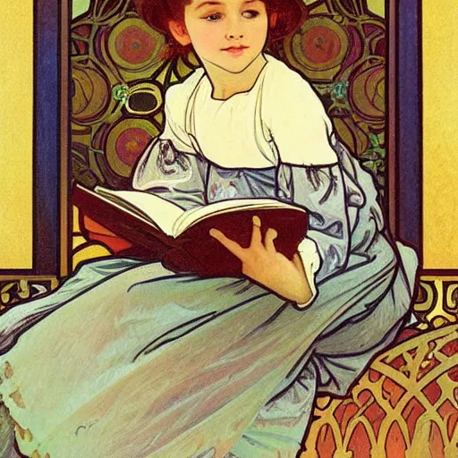 Prompt: a little girl sitting on a pile of books reading a book. beautiful painting with high quality detailed face by alphonse mucha. flat colors, plain white background