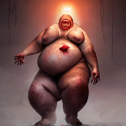 Prompt: angry extremely fat obese giant zombie woman, full body portrait, with clothese, horror core, apocalyptic, feeling of grimdark, sharp focus, fiction, hyper detailed, digital art, trending in artstation, cinematic lighting, studio quality, smooth render, unreal engine 5 rendered, octane rendered, art style and nixeu and wlop and krenz cushart