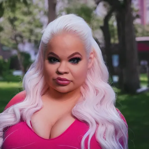 Image similar to trisha paytas doing a livestream, shallow depth of field, bokeh, anamorphic lens flare, 8k, hyper detailed, 35mm film grain