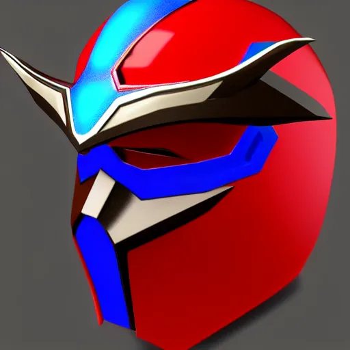 Image similar to dragon inspired High Fantasy Kamen Rider Helmet, red and blue color scheme, 4k, glowing eyes, daytime, rubber suit