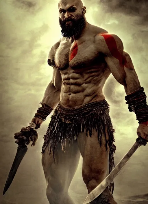 Prompt: a highly detailed beautiful 3 5 mm closeup photo of jason momoa kratos hybrid god of war holding a sword and fighting zombies on a pile of human skulls, spartan warrior, olympian god, muscular!, frank frazetta, boris vallejo, action pose, ambient lighting, volumetric lighting, octane, fantasy