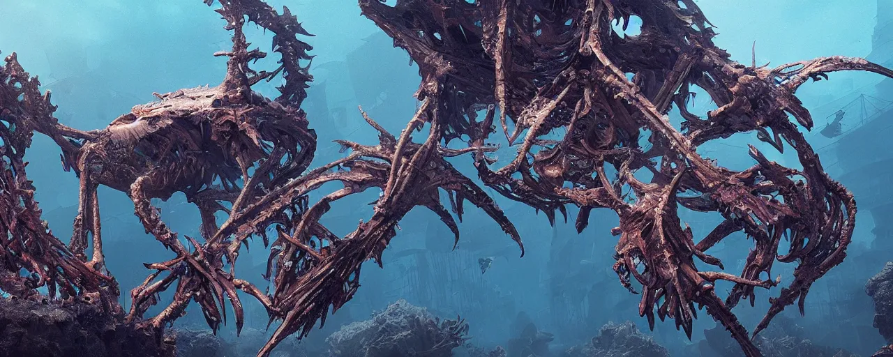 Image similar to a gigantic skeletal remain of a unknown sea creature half submerged in ocean 8 k uhd, unreal engine, octane render in the artstyle of finnian macmanus, john park and greg rutkowski