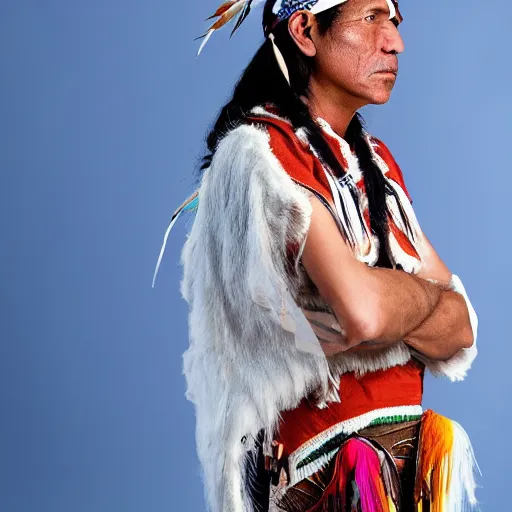 Prompt: native american indigenous man standing on a white studio background, png, beautiful artwork