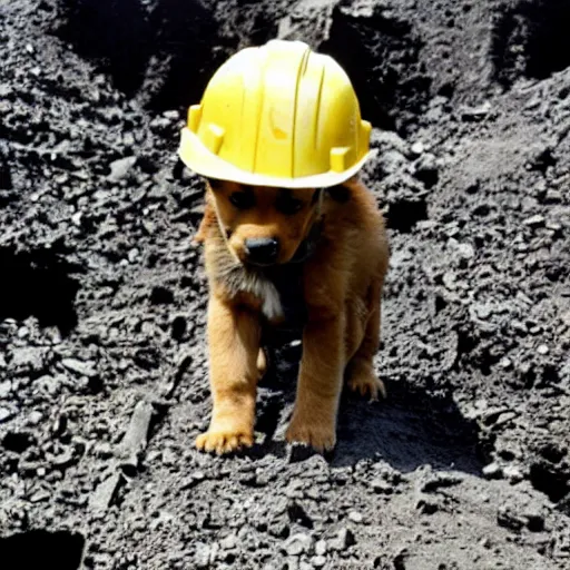 Prompt: puppy working in a coal mine, wearing hard hat, photo from 1 9 9 8,