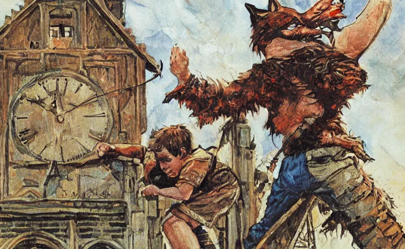 Image similar to a boy fighting a wolf on the edge of a clocktower, by josh kirby gouache, print