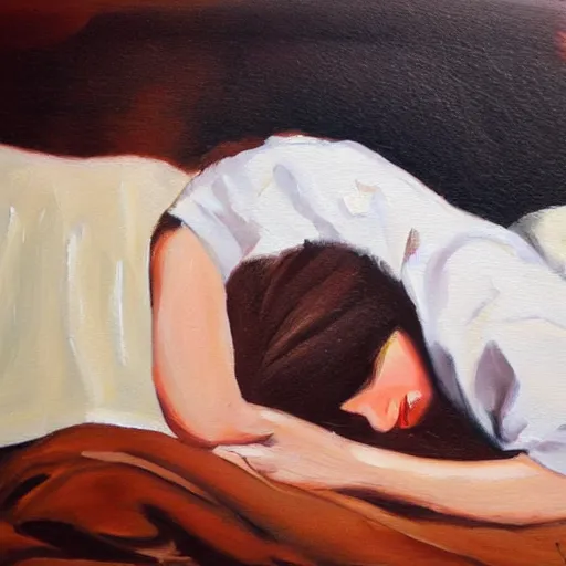 Image similar to lady with brown hair can't sleep because husband in is snoring in bed, expressive oil painting