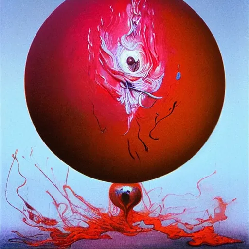 Image similar to a sphere being devoured by abstract splatters of paint in the style of francis bacon, venus being engulfed in flames in the style of james jean, surreal, beksinski, high detailed