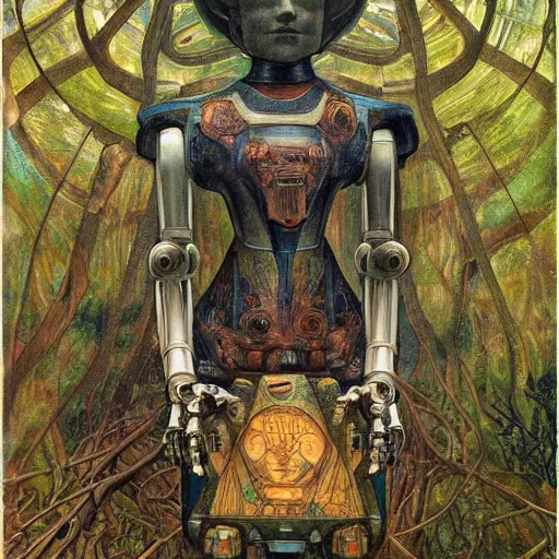 Image similar to robot seizes the forest throne, by Annie Swynnerton and Diego Rivera and Elihu Vedder, symbolist, dramatic lighting, elaborate geometric ornament, tattoos, Art Brut, soft cool colors,smooth, sharp focus, extremely detailed, Adolf Wölfli and Donato Giancola