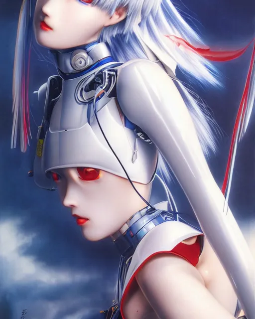 Image similar to rei ayanami by noriyoshi ohrai, hd, hyper detailed, dark, sky, half moon, dark atmosphere, 4 k