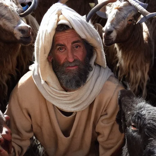 Image similar to Cinematic still portrait of ugly Mediterranean skinned man dressed in Biblical Shepherd Clothing with a flock of goats, Biblical epic film dramatic angles, directed by Steven Spielberg