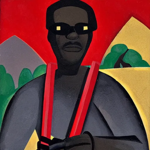 Prompt: old black man holding pick axe in hand, shades of red, oil painting by aaron douglas - n 4