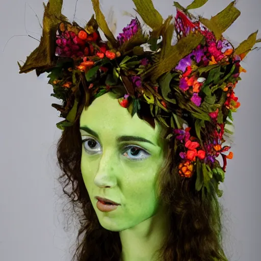 Prompt: anthropomorphic tree vine woman head wearing a crown made of flowers and leaves