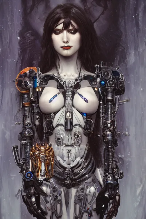 Image similar to portrait of beautiful young gothic cyborg maiden, cyberpunk, Warhammer, highly detailed, artstation, illustration, art by Gustav Klimt