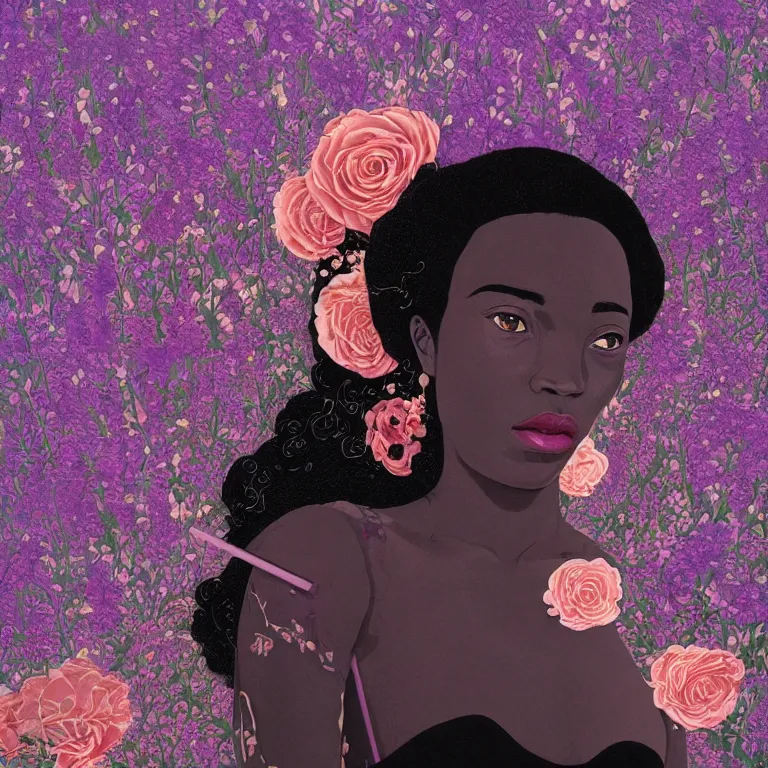 Image similar to gorgeous portrait of a black woman with lavender and rose florals by victo ngai, hyper detailed painting, distance, centered, hd, hq, high resolution, high detail, 4 k, 8 k