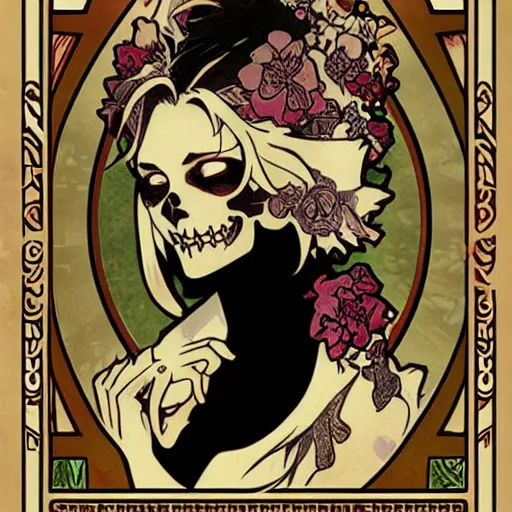 Image similar to anime manga skull portrait woman comic skeleton illustration style by Alphonse Mucha pop art nouveau