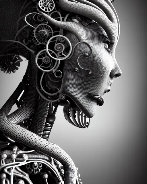 Image similar to mythical black and white organic bio-mechanical spinal ribbed profile face portrait detail of mechanical beautiful female angelic-vegetal-cyborg, highly detailed, intricate steampunk ornate, poetic, 3D render, digital art, octane render, 8K artistic photography, photo-realistic, by Dora Maar