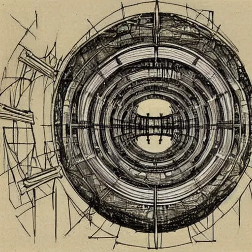 Prompt: Leonardo Da Vinci sketch of the Large Hadron Collider (CERN)