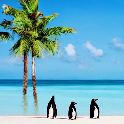 Prompt: photo of penguins on a tropical beach, palm trees, 50mm, beautiful photo