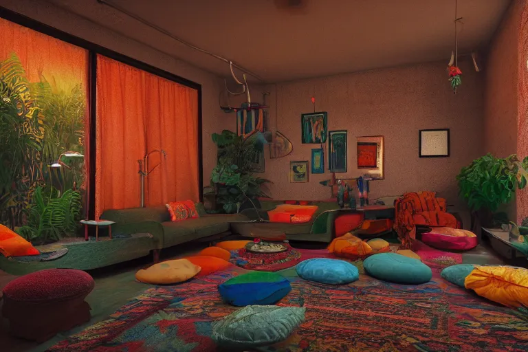 Image similar to interior of a 6 0 s hippie lounge, water pipes, lava lamps, ambient light, persian carpets, pillows, realistic, highly detailed, unreal engine, octane render,