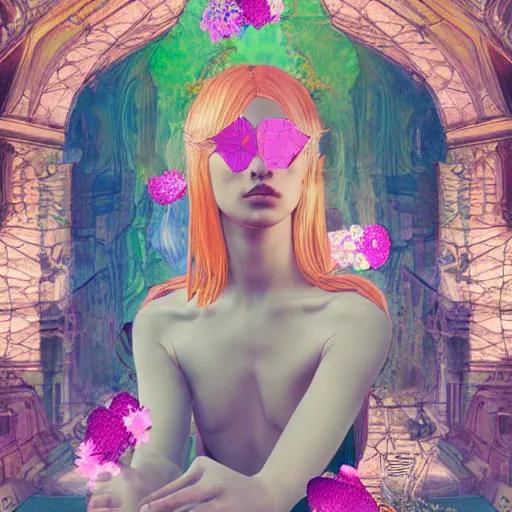 Prompt: minimalist elaborate photorealistic beautifully illustrated beautiful cyber children holding huge interesting flowers in a medieval room. in the style of Michelangelo, and Paul Gauguin, with cyberpunk liberty and flemish baroque mixed media details. vibrant vivid 3d textures in natural pastel tones. HD 8x