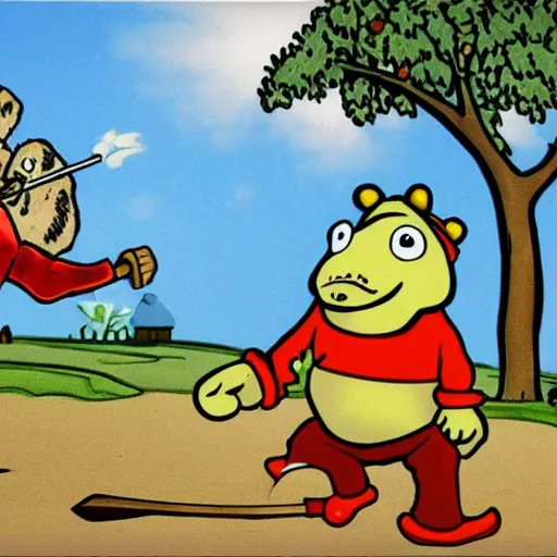 Image similar to the character Toad chasing a grizzly bear with an axe