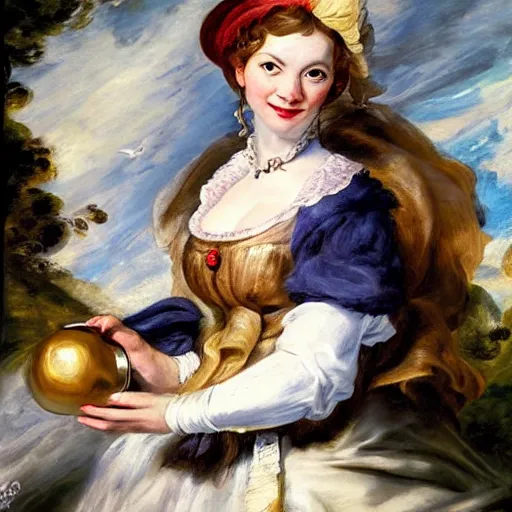 Prompt: heavenly summer sharp land sphere scallop well dressed lady holding a starbucks coffee cup, auslese, by peter paul rubens and eugene delacroix and karol bak, hyperrealism, digital illustration, fauvist,