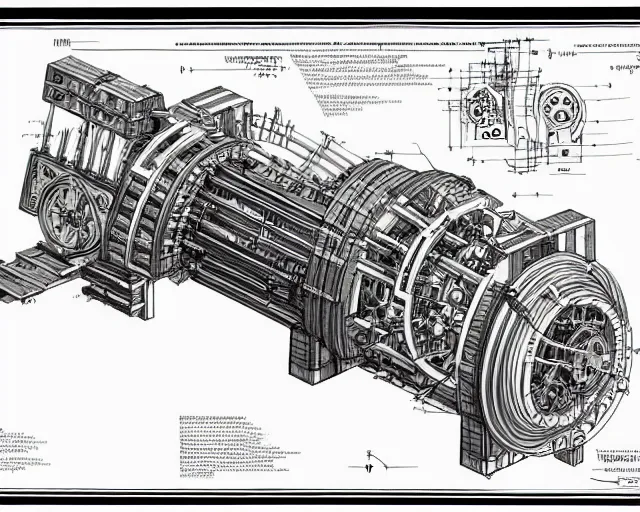 Image similar to a full page of a mechanical blueprint showing a simple cutaway design for a wooden wolf from howl's moving castle ( 2 0 0 4 ), with a pilot inside, muted colors, post grunge, studio ghibli, hq