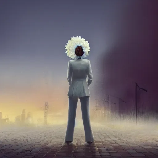 Image similar to giant white daisy flower head, frontal, girl in a suit, standing in street, surreal photography, sunrise, dramatic light, impressionist painting, digital painting, artstation, simon stalenhag