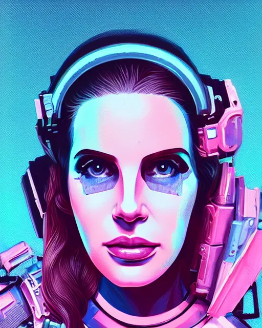 Image similar to portrait of lana del rey as a cyborg. realist abstract. key art. cyberpunk, blue and pink, intricate artwork. cyberpunk augmentations art by tooth wu, wlop, beeple, dan mumford. 8 k octane render, trending on artstation, greg rutkowski very coherent symmetrical artwork. cinematic, hyperrealism, very detailed, iridescent accents