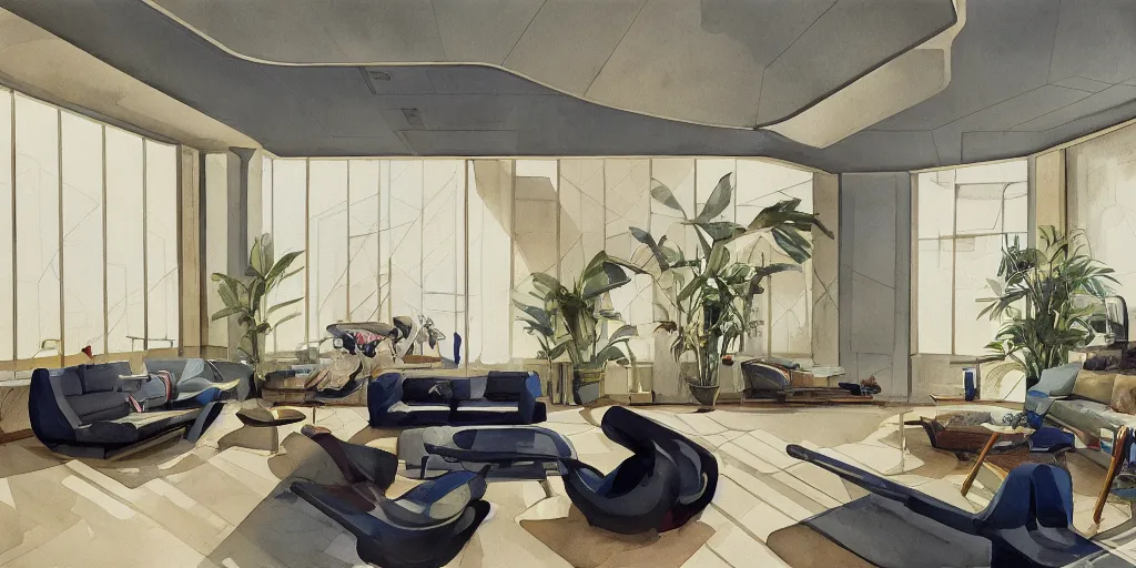 Image similar to a beautiful illustration of futuristic interior hall, lots of furniture, sofa, waiting room, big medium small, sacred geometry, golden ratio, in watercolor gouache detailed paintings, in style of syd mead, trending on artstation,8k, panel, hard surface, vent, zaha hadid, props, plant, cozy,decoration around the room, simon stalenhag, deus ex