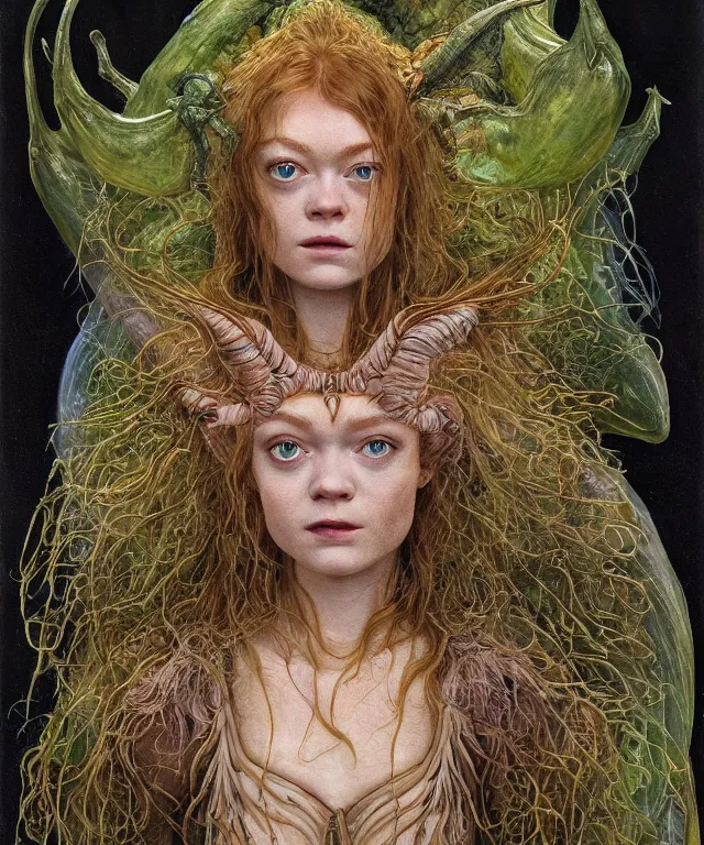 Prompt: a portrait photograph of a fierce sadie sink as an alien harpy queen with slimy amphibian skin. she is trying on evil bulbous slimy organic membrane parasitic fetish fashion and transforming into an sexy insectoid amphibian. by donato giancola, walton ford, ernst haeckel, brian froud, hr giger. 8 k, cgsociety