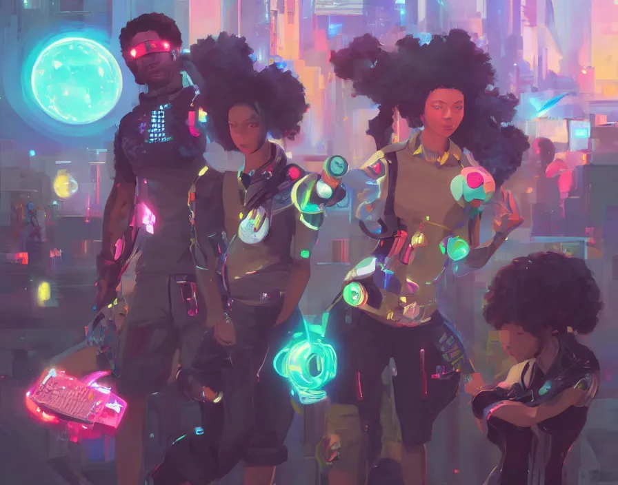 Image similar to afro - futuristic gamers, game consoles and joysticks, hacking the multiverse of gaming | hyperrealistic oil painting | by makoto shinkai, ilya kuvshinov, lois van baarle, rossdraws | afrofuturism, in the style of pascal blanche, trending on artstation | dark color scheme