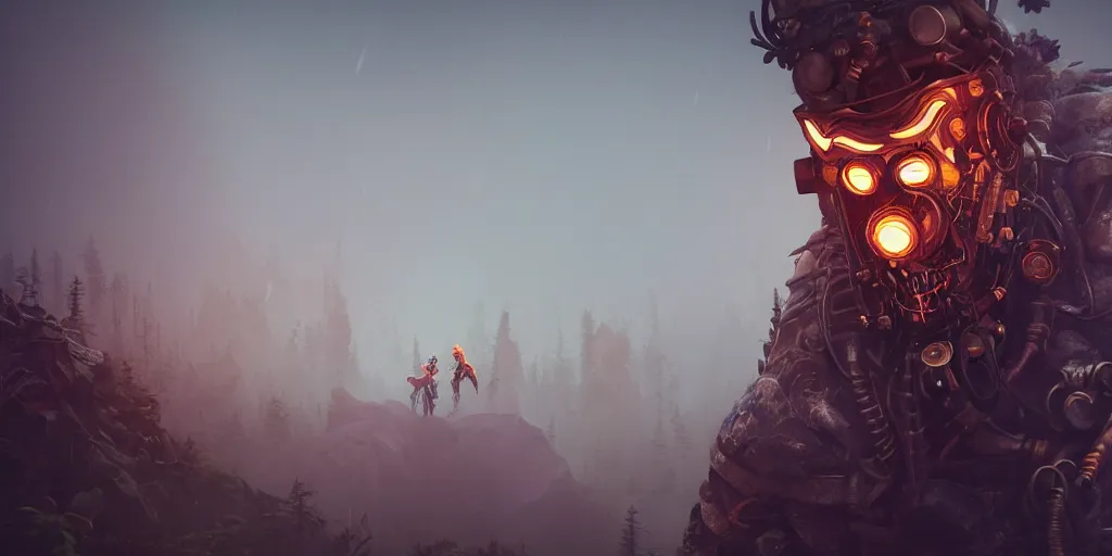 Image similar to woodsman wearing a steampunk and neonpunk mechanical fluorescent mystical animal mask in strange misty mountain landscape. fight with night monsters, night, realism in style of fornite game, 4 k, octane render, artwork by tooth wu and wlop and beeple and greg rutkowski, ambient occlusion, award winning photograph, epic cinematic shot