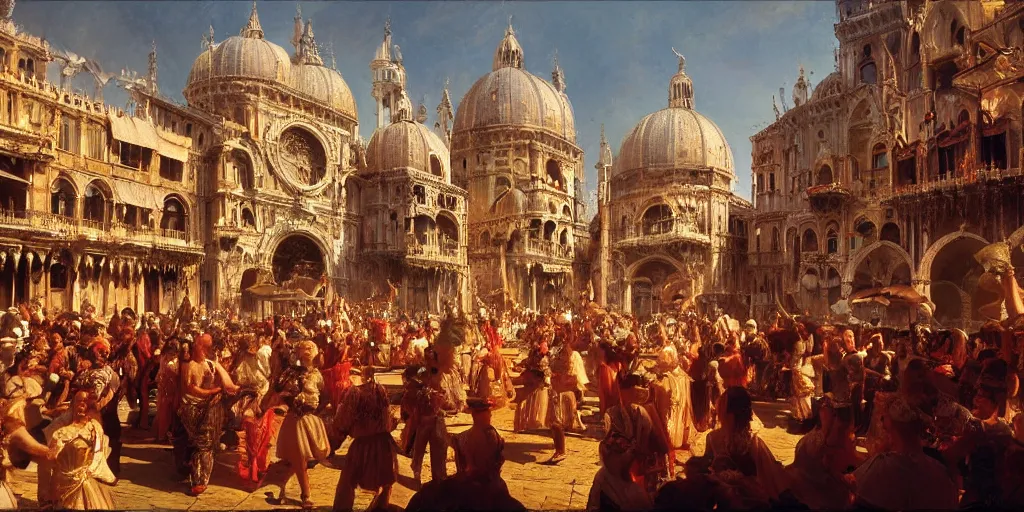 Image similar to Renaissance Venice in summer, fantasy, festivities, dancing people in the crowd, Matte Painting, evening, Craig Mullins