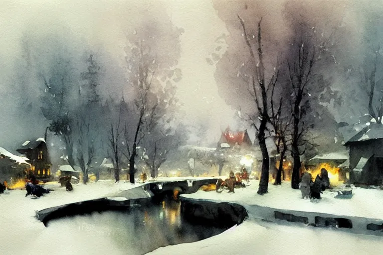 Image similar to abstract watercolor painting of village, magic diamond crystal winter, cinematic light, national romanticism by anders zorn, by greg rutkowski, by greg manchess