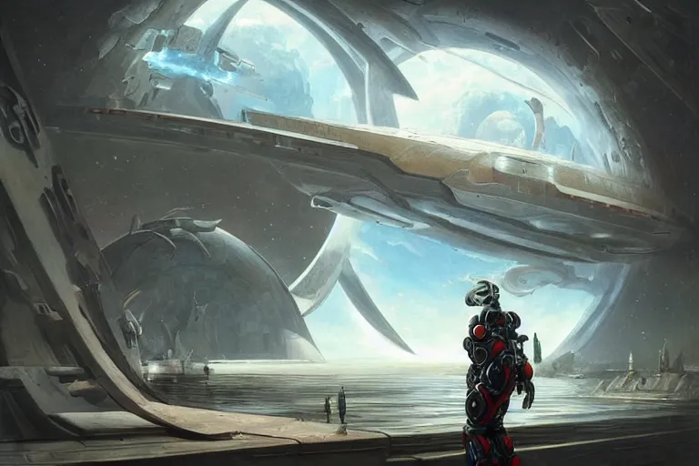 Prompt: a sigma man in futuristic space suit looking at ancient white renaissance spaceship through a time travel spaceship window, scifi, serene, refined, by swang, wlop, peter mohrbacher, jakub rebelka, visually stunning, beautiful, masterpiece