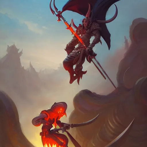 Image similar to tiefling dual wielding magical scimitars, detailed illustration by peter mohrbacher by marc simonetti on artstation, fantasy art