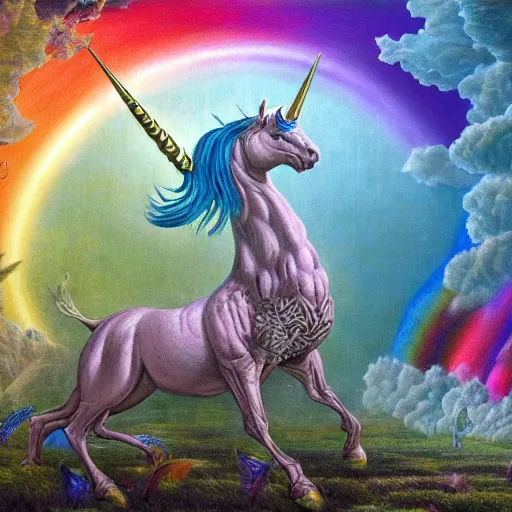 Prompt: a stunning detailed mate painting of a humonid unicorn dancing under a rainbow on a graveyard'by wayne barlowe, existential horror, trending on cgsociety artstation, highly detailed, 8 k, masterpiece, super resolution.