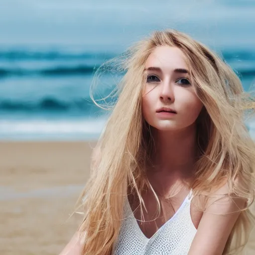 Prompt: woman with long blonde hair sitting at the beach wearing white clothes, photograph, highly detailed, perfect face, high quality, trending 8k