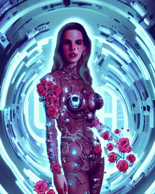 Prompt: portrait of lana del rey as a cyberpunk cyborg. roses sci - fi intricate abstract upper body intricate artwork, roses, rose petals, by tooth wu, wlop, beeple, dan mumford. concept art, octane render, deviantart, greg rutkowski, cinematic arthouse, key art, hyper realism, iridescent accents