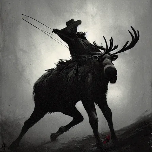 Image similar to portrait of a scary clown riding a moose, by peder balke by peder balke by greg rutkowski, by guido crepax by norman bluhm mystic high contrast monochromatic noir