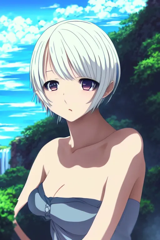 Prompt: anime art full body portrait character concept art, anime key visual of elegant young female, platinum blonde straight bangs and large eyes, finely detailed perfect face delicate features directed gaze, laying on back near a waterfall, arms crossed behind head, trending on pixiv fanbox, studio ghibli, extremely high quality artwork