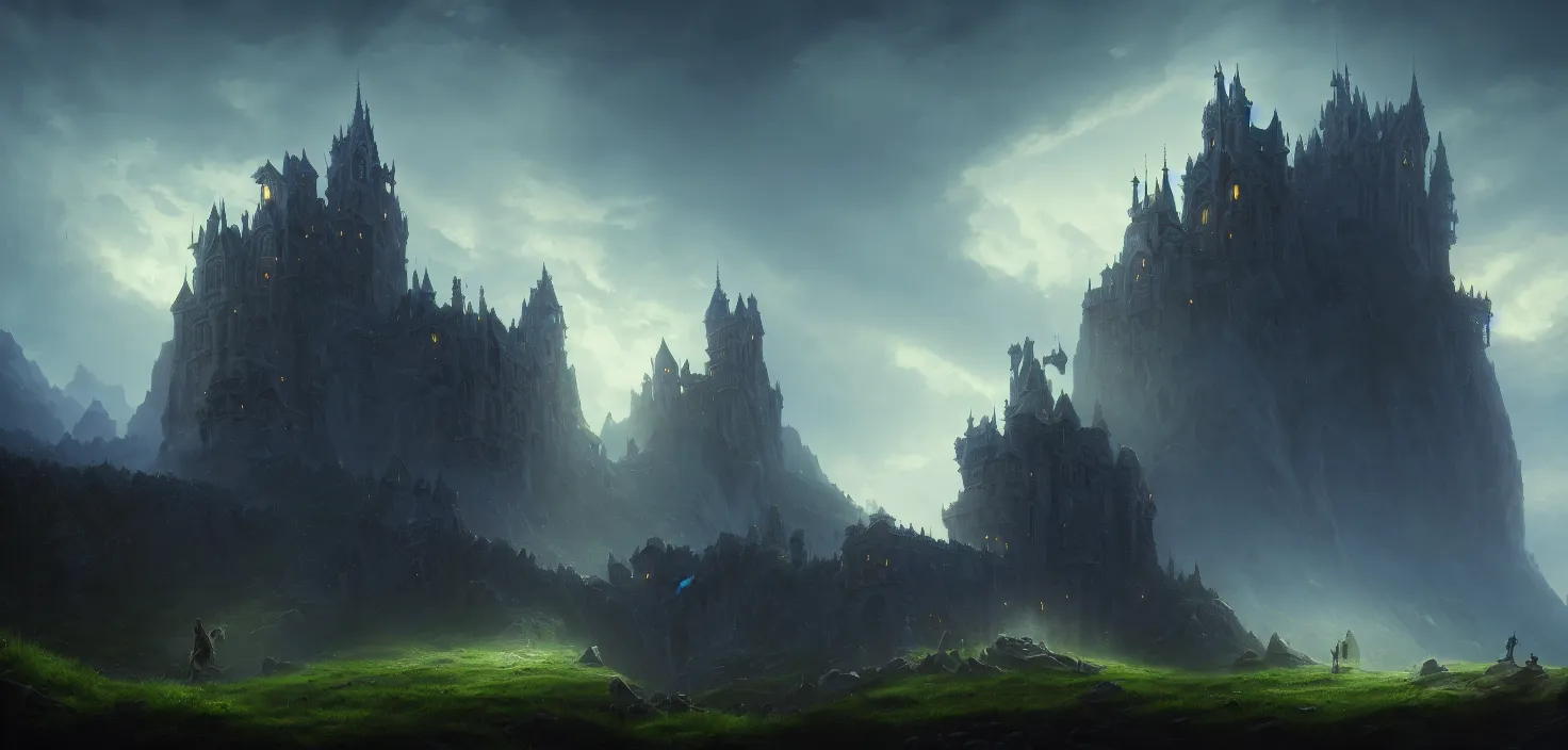 Prompt: an imposing and highly fantasy castle, carved from sapphire stone, cinematic view, epic sky, detailed, concept art, low angle, high detail, warm lighting, volumetric, godrays, vivid, beautiful, trending on artstation, by jordan grimmer, huge scene, grass, art greg rutkowski