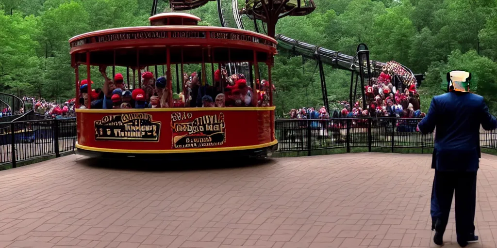 Image similar to Donald trump falls off of a trolly and cries, caught in 4K, taken in Silver Dollar City