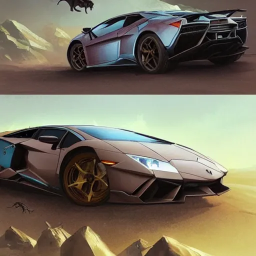 Image similar to lamborghini with dinosaur near a obi store, highly detailed, concept art, art by wlop and artgerm and greg rutkowski, masterpiece, trending on artstation, 8 k