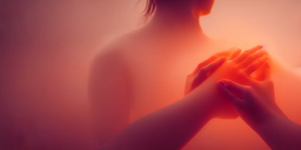 Image similar to a blurry closeup picture of gorgeous human bodies intertwined, female bodies, hands, dripping wet, macro photography, long exposure photograph, surrealism, anamorphic bokeh, cozy, soft light, cyan and orange, caustic, atmospheric fog, octane render, cinematic