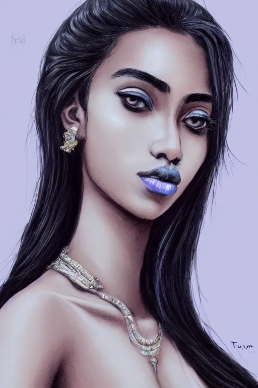 Image similar to A bust of a beautiful black skinned Sri Lankan girl with large lips and smooth eyebrows and straight hair, HD, illustration, epic, fantasy, intricate, elegant, amazing detail, digital painting, artstation, concept art, smooth, sharp focus, illustration, art by Turine Tran